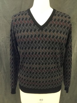 Mens, Pullover Sweater, SEGRETO, Black, Gray, Wine Red, Brown, Dk Green, Wool, Diamonds, M, Diamond Knit, Long Sleeves, V-neck, Solid Black Ribbed Knit Neck/Waistband/Cuff
