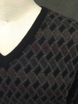 Mens, Pullover Sweater, SEGRETO, Black, Gray, Wine Red, Brown, Dk Green, Wool, Diamonds, M, Diamond Knit, Long Sleeves, V-neck, Solid Black Ribbed Knit Neck/Waistband/Cuff