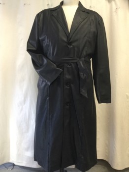 Mens, Coat, N/L, Black, Leather, Solid, 2XL, Collar Attached, Long Sleeves, Single Breasted, 4 Button, Notched Lapel, Vertical Welted Seam Pleats on Front and Back, Inverted Triangle Cutout C/B, 2 Slash Pockets,Matching Belt (no Buckle), Calf Length