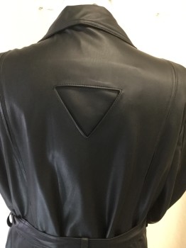 Mens, Coat, N/L, Black, Leather, Solid, 2XL, Collar Attached, Long Sleeves, Single Breasted, 4 Button, Notched Lapel, Vertical Welted Seam Pleats on Front and Back, Inverted Triangle Cutout C/B, 2 Slash Pockets,Matching Belt (no Buckle), Calf Length