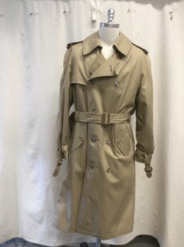 Mens, Coat, Trenchcoat, FOX 71/BURBERRY, Tan Brown, Cotton, Polyester, Solid, 38R, Double Breasted, Collar Attached, Epaulets, 2 Pockets, Raglan Long Sleeves, Belted Cuffs, Vented Back Yoke, Button Neck Tab Separate, Belted Self Belt, Center Back Gusset, Burberry Plaid Lining, *Missing Detachable Lining**