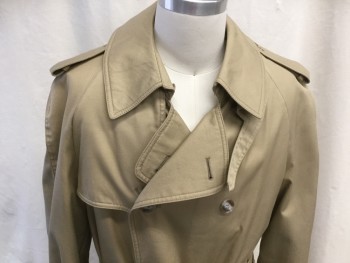 Mens, Coat, Trenchcoat, FOX 71/BURBERRY, Tan Brown, Cotton, Polyester, Solid, 38R, Double Breasted, Collar Attached, Epaulets, 2 Pockets, Raglan Long Sleeves, Belted Cuffs, Vented Back Yoke, Button Neck Tab Separate, Belted Self Belt, Center Back Gusset, Burberry Plaid Lining, *Missing Detachable Lining**
