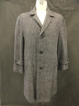 Mens, Coat, MTO, White, Black, Wool, 2 Color Weave, Tweed, 46, Button Front, Collar Attached, Notched Lapel, 2 Pockets, Long Sleeves, Button Tab Cuff, Knee Length