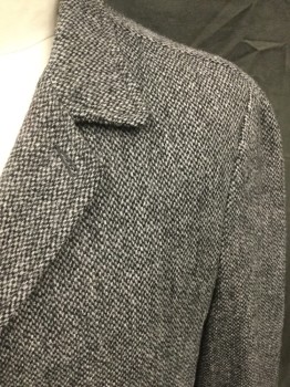 Mens, Coat, MTO, White, Black, Wool, 2 Color Weave, Tweed, 46, Button Front, Collar Attached, Notched Lapel, 2 Pockets, Long Sleeves, Button Tab Cuff, Knee Length
