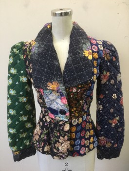 Womens, Jacket, N/L, Multi-color, Navy Blue, Dk Green, Pink, White, Cotton, Patchwork, Floral, S, Quilted, Patchwork of Different Floral Fabrics, 2 Buttons, Large Lapel/Collar Attached, Peplum Waist, Self Belt Ties Attached at Side Waist, Puffy Sleeves,