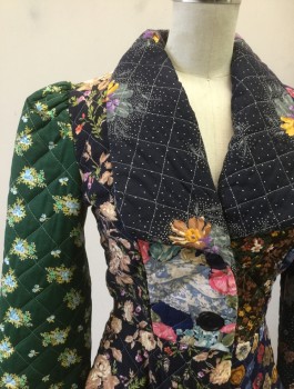 Womens, Jacket, N/L, Multi-color, Navy Blue, Dk Green, Pink, White, Cotton, Patchwork, Floral, S, Quilted, Patchwork of Different Floral Fabrics, 2 Buttons, Large Lapel/Collar Attached, Peplum Waist, Self Belt Ties Attached at Side Waist, Puffy Sleeves,