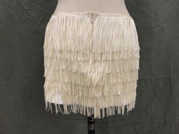 Womens, 1960s Vintage, Piece 2, MTO, Ivory White, Polyester, Solid, W 25, Mini Skirt, Layers of Fringe, Back Zip, Reproduction