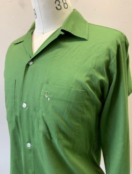 ARROW, Green, Cotton, Solid, Long Sleeves, Button Front, Collar Attached, Small Green and White Logo Embroidered on Left Pocket, 1950's