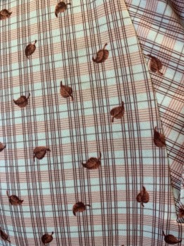 N/L, Brown, Cream, Salmon Pink, Polyester, Plaid, Leaves/Vines , Short Sleeves, Collar Attached, 1 Pocket,