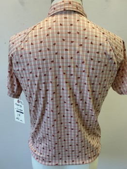 N/L, Brown, Cream, Salmon Pink, Polyester, Plaid, Leaves/Vines , Short Sleeves, Collar Attached, 1 Pocket,