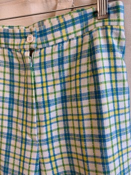 Womens, Pants, SEARS, Off White, Blue, Lt Yellow, Lt Green, Poly/Cotton, Plaid, W24, Zip Front, Button Closure **Patched Hole on Leg, Small Stains