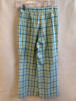 Womens, Pants, SEARS, Off White, Blue, Lt Yellow, Lt Green, Poly/Cotton, Plaid, W24, Zip Front, Button Closure **Patched Hole on Leg, Small Stains