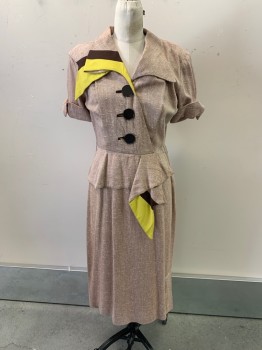 MADEMOISELLE JULIETT, Khaki Brown, White, Cotton, 2 Color Weave, C.A., 1/2 Button Front, S/S, Cuffed, Yellow & Brown Color Blocked Flaps, Zip Side, Hem Below Knee