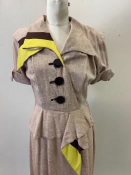 MADEMOISELLE JULIETT, Khaki Brown, White, Cotton, 2 Color Weave, C.A., 1/2 Button Front, S/S, Cuffed, Yellow & Brown Color Blocked Flaps, Zip Side, Hem Below Knee