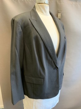 Womens, Blazer, ANNE KLEIN, Gray, Polyester, Elastane, Solid, 22W, Single Breasted, 1 Button, Peaked Lapel, 2 Pocket Flap,
