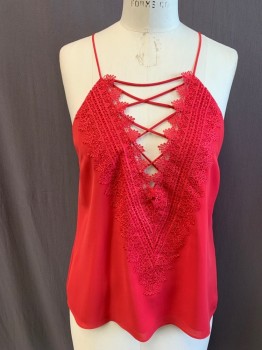 Womens, Top, WAYF, Dusty Red, Polyester, Solid, M, Deep V-neck, Criss Cross Straps Over V-neck, Embroidered Applique, Spaghetti Straps, Double Layer Chiffon