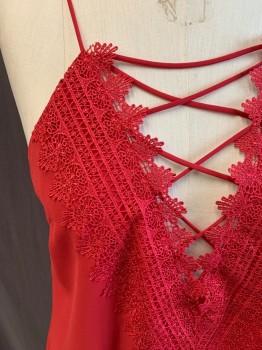 Womens, Top, WAYF, Dusty Red, Polyester, Solid, M, Deep V-neck, Criss Cross Straps Over V-neck, Embroidered Applique, Spaghetti Straps, Double Layer Chiffon