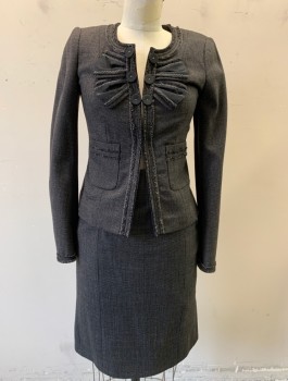 REBECCA TAYLOR, Charcoal Gray, Gray, Wool, Lycra, Birds Eye Weave, Single Breasted, Scoop Neck (No Lapel), Self Bow at Center Front Placket, Hook & Eye Closures, 2 Patch Pockets, Fitted