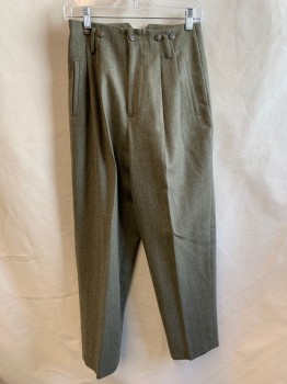 Womens, Pants, J PETERMAN, Olive Green, Ochre Brown-Yellow, Wool, Herringbone, Stripes - Vertical , H41, W:27, High Waisted, Double Pleats, No Waistband, 4 Welt Pocket, Belt Loops, Suspender Buttons on Outside, Fully Lined, Tapered Full Leg