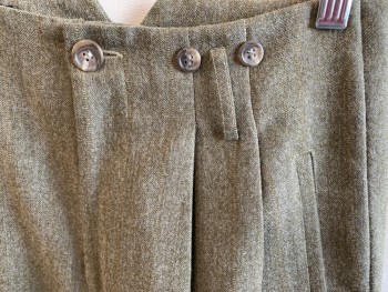 J PETERMAN, Olive Green, Ochre Brown-Yellow, Wool, Herringbone, Stripes - Vertical , High Waisted, Double Pleats, No Waistband, 4 Welt Pocket, Belt Loops, Suspender Buttons on Outside, Fully Lined, Tapered Full Leg