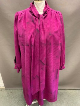 Womens, Dress, CHEZ TANDY, Raspberry Pink, Black, Rayon, Abstract , 2X, 58B, L/S Self Neck Tie Attached.