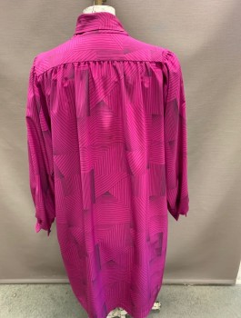 CHEZ TANDY, Raspberry Pink, Black, Rayon, Abstract , L/S Self Neck Tie Attached.
