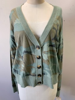 SANCTUARY, Sea Foam Green, Sage Green, Lt Brown, Dk Gray, Cotton, Nylon, Camouflage, V-neck, Long Sleeves, Faded Camouflage