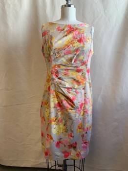 Womens, Dress, Sleeveless, ANNE KLEIN, Taupe, Pink, Yellow, Gray, Cotton, Lycra, Floral, B37, 10, W33, Boat Neck, Horizontal Gathered Drop Pleat Panel, Boat Neck, Below Knee