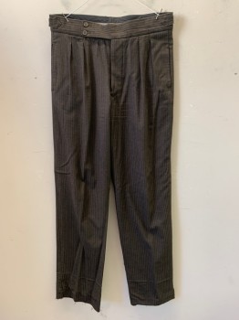 Mens, Pants, NL, Chocolate Brown, Black, Wool, Stripes - Vertical , Open, 32, Distressed, Button Front, 2 Buttons on Front Right Waist, 2 Adjustable Waist Straps, Small Holes & Snags Throughout, Opened Hem at Bottom of Legs