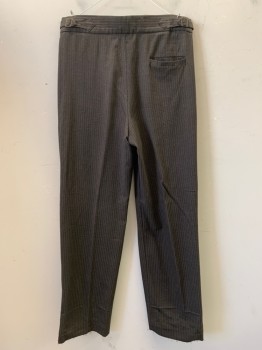 Mens, Pants, NL, Chocolate Brown, Black, Wool, Stripes - Vertical , Open, 32, Distressed, Button Front, 2 Buttons on Front Right Waist, 2 Adjustable Waist Straps, Small Holes & Snags Throughout, Opened Hem at Bottom of Legs