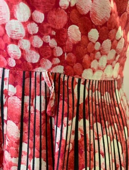 MODE O'DAY, Cherry Red, Cream, Black, Cotton, Circles, Stripes - Vertical , Sleeveless, Zip Front, Solid Cream Pique Collar, Skirt is Contrasting Striped Pattern, Circle Skirt, Just Below Knee Length