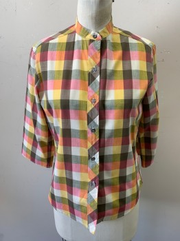 NL, Dusty Red, Goldenrod Yellow, Olive Green, Poly/Cotton, Plaid, 3/4 Sleeves, Button Front, Band Collar,