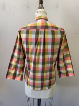 Womens, Blouse, NL, Dusty Red, Goldenrod Yellow, Olive Green, Poly/Cotton, Plaid, B36, 3/4 Sleeves, Button Front, Band Collar,