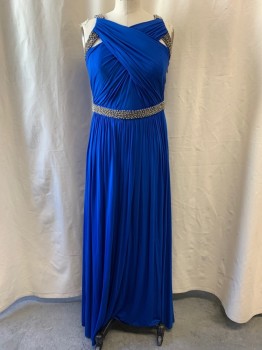 Womens, Evening Gown, COAST, Royal Blue, Acetate, Polyamide, 6, Cross Pleated Sections on Front & Back Wrapped Around Silver Beaded Straps, Beaded Waist Band, Pleated Skirt, Zip Side, Floor Length