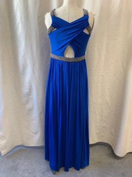 Womens, Evening Gown, COAST, Royal Blue, Acetate, Polyamide, 6, Cross Pleated Sections on Front & Back Wrapped Around Silver Beaded Straps, Beaded Waist Band, Pleated Skirt, Zip Side, Floor Length
