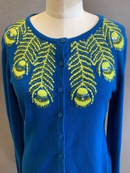 Tabitha, Blue, Lime Green, Cotton, Leaves/Vines , L/S, Crew Neck, Button Front, Embroiderred and Beaded Details