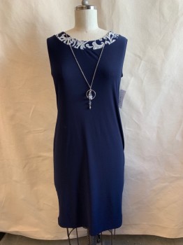 Womens, Dress, Piece 2, R&M RICHARDS, Navy Blue, White, Polyester, Spandex, Solid, Floral, 10, DRESS, Round Neck, Slvls, Floral Detail at Neck, Removable Necklace/Chain at Neck
