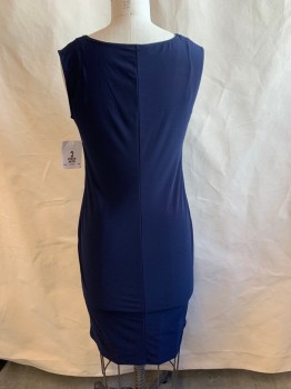 Womens, Dress, Piece 2, R&M RICHARDS, Navy Blue, White, Polyester, Spandex, Solid, Floral, 10, DRESS, Round Neck, Slvls, Floral Detail at Neck, Removable Necklace/Chain at Neck