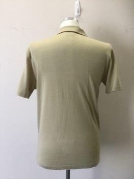 Mens, Polo Shirt, DA VINCI, Khaki Brown, Brown, Cream, Acrylic, Geometric, L, Collar Attached, Button Front Vertical Stripe  Short Sleeves, Acrylic Knit
