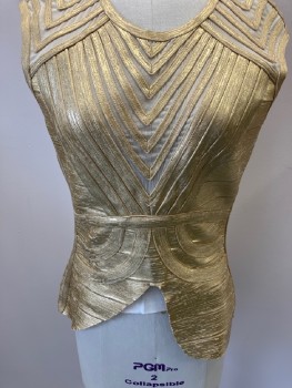 Womens, Sci-Fi/Fantasy Top, N/L, Gold Metallic, Beige, Spandex, Textured Fabric, B34, Scoop Neck, Sleeveless, Mesh Lining, with V Painted Fabric Stripes, Cut Out Front, CB Zip