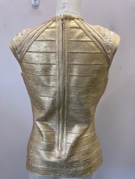 N/L, Gold Metallic, Beige, Spandex, Textured Fabric, Scoop Neck, Sleeveless, Mesh Lining, with V Painted Fabric Stripes, Cut Out Front, CB Zip