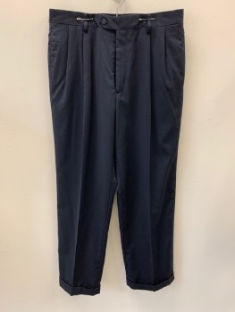 JOS A. BANK, Navy Blue, Wool, Side Welt Pocket, Zip Front, Pleated Front, 2 Back Welt Pocket with Button, Cuffed
