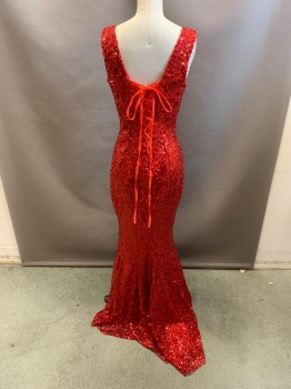 Womens, Evening Gown, N/L, Red, Sequins, Polyester, Solid, W25, B32, V-neck, Sleeveless, High Waist, Lace Up Back, Adjustable, Mermaid Hem