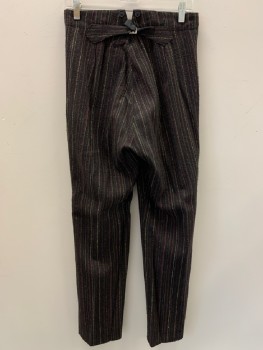 Mens, Pants, NO LABEL, Black, Maroon Red, Lt Green, Brown, Gray, Wool, Stripes - Vertical , 30/30, F.F, Button Front, Back Buckle, Made To Order,