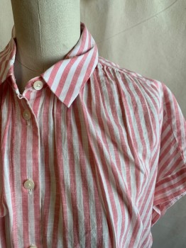 Womens, Top, MADEWELL, Dusty Red, White, Cotton, Stripes, XS, Button Front, Collar Attached, Cap Sleeve, Rounded Hem Up Into Side Slits, Gathered at Shoulder Seams, Center Back Slit