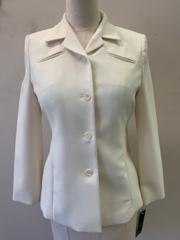 Womens, Suit, Jacket, LUCELLI, Ivory White, Polyester, Solid, 10, Pointed Notched Lapel, 2 Welt Pockets, 4 Buttons, Princess Seams