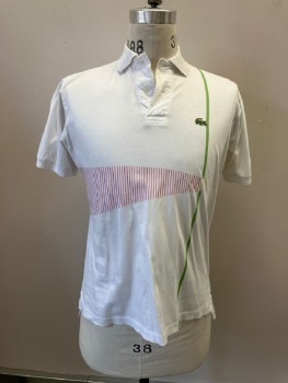 Mens, Polo Shirt, IZOD, White, Pea Green, Red, Cotton, Geometric, C:38, M, 2 Btns, S/S, Hemmed Short In Front, Long In Back, Alligator Logo On Single Vertical Stripe, Diminishing Band Of Red Into Yellow Lines Across Front