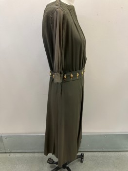 N/L, Forest Green, Polyester, Solid, Boat Neck & Shirring  At CF, 3/4 Slvs, With Brass  Fabric Studs, Fabric Btn Loops, Side Zip,  Belt Attached With Multiple Brass Studs,  *See Photo *