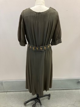 Womens, Dress, N/L, Forest Green, Polyester, Solid, W38, B42, H30, Boat Neck & Shirring  At CF, 3/4 Slvs, With Brass  Fabric Studs, Fabric Btn Loops, Side Zip,  Belt Attached With Multiple Brass Studs,  *See Photo *