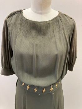 Womens, Dress, N/L, Forest Green, Polyester, Solid, W38, B42, H30, Boat Neck & Shirring  At CF, 3/4 Slvs, With Brass  Fabric Studs, Fabric Btn Loops, Side Zip,  Belt Attached With Multiple Brass Studs,  *See Photo *